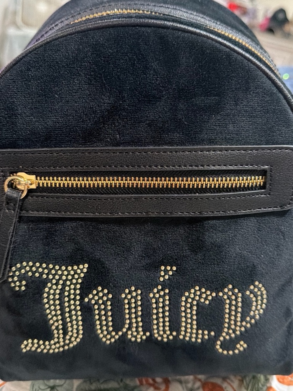 Juicy Couture Black Velvet Mini Backpack with Gold Stud Logo